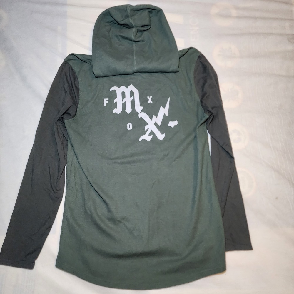 Fox Racing Moto-X Hoodie Mens Large Green Gray Excellent Waffle Knit Thermal